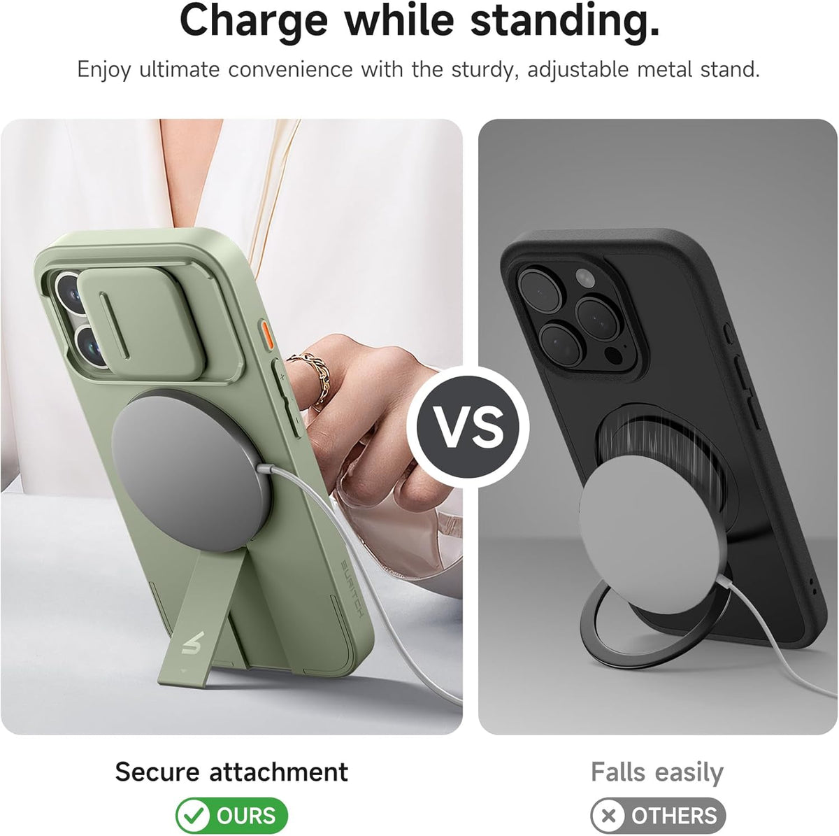SURITCH for iPhone 15 Pro Case with Magnetic Camera Slide Cover and Adjustable Kickstand, Compatible with MagSafe, Shockproof Bumper Case Slim Protective Cover 6.1 Inch, Green