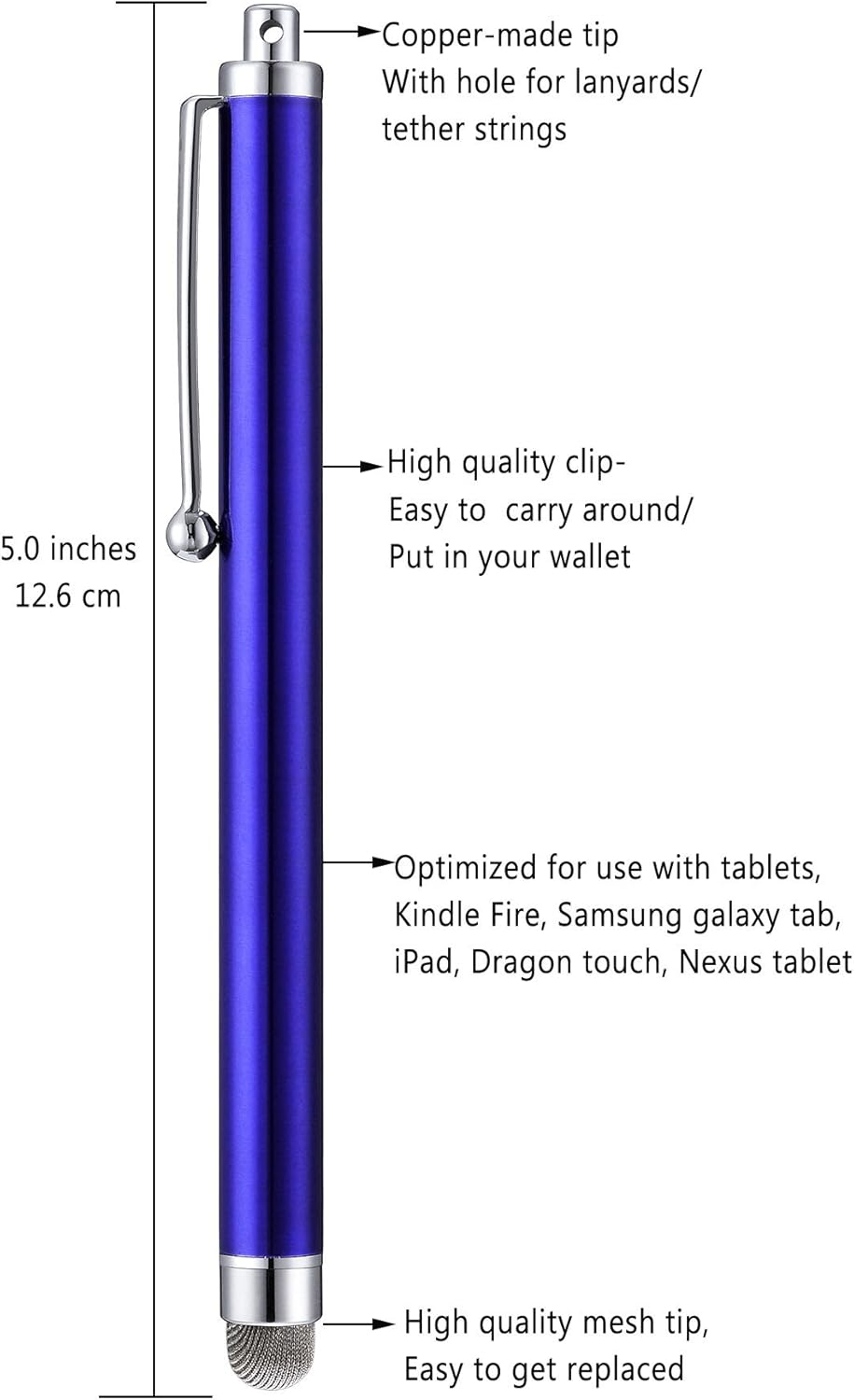 Stylus, 4 Pcs 5.0 Inch Mesh Fiber Tip Stylus Pens for Touch Screen, Compatible with iPad, iPhone, Kindle Fire, 4 Extra Replaceable Hybrid Fiber Tips (White, Black, Silver, Blue)