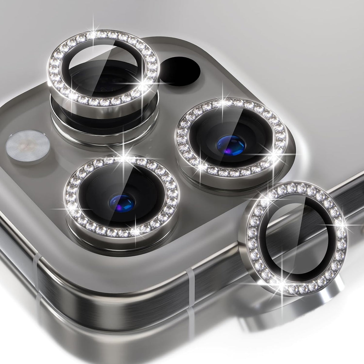 Choiche Compatible for iPhone 16 Pro/iPhone 16 Pro Max Camera Lens Protector Bling, 9H Tempered Glass Camera Cover Screen Protector Metal Ring Decoration Accessories (Diamond-Titanium Natural)