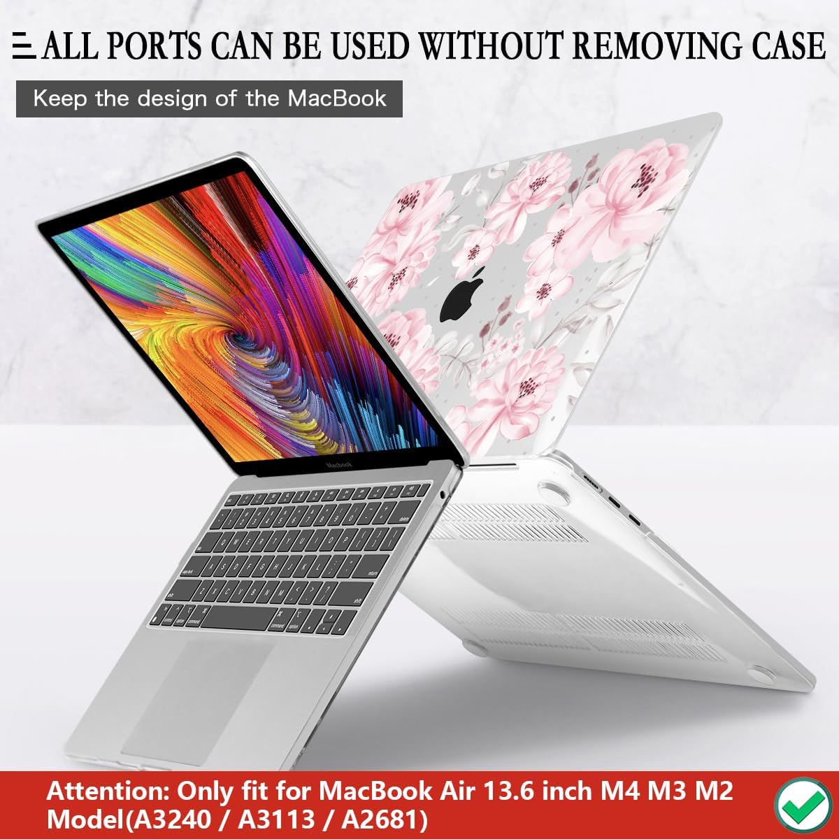 CISSOOK Compatible with MacBook Air 13.6 inch Case M4 M3 M2 Chip 2025 2024 2023 2022 Release, Plastic Hard Shell Case Keyboard Cover Screen Protector for Mac Air 13 A3240 A3113 A2681, Cute Pink Flower