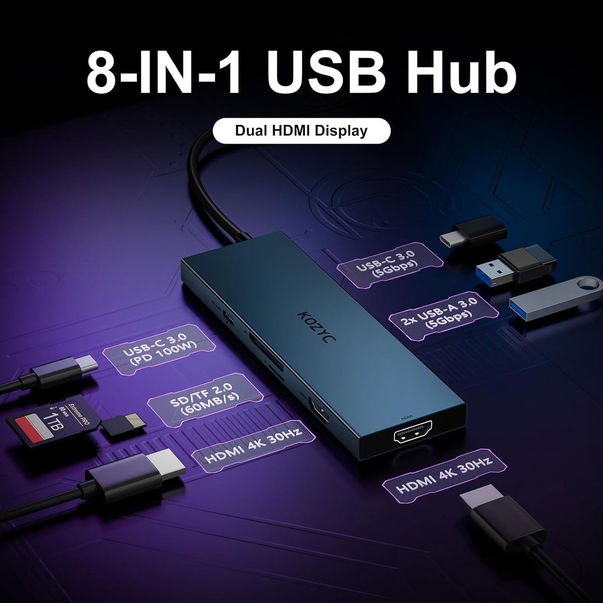 USB C Docking Station Dual Monitor, 8-in-1 USBC Hub with 2 HDMI Ports, USB-C 3.0, 2xUSB-A 3.0, SD/TF, 100W PD, Compatible with HP, Dell