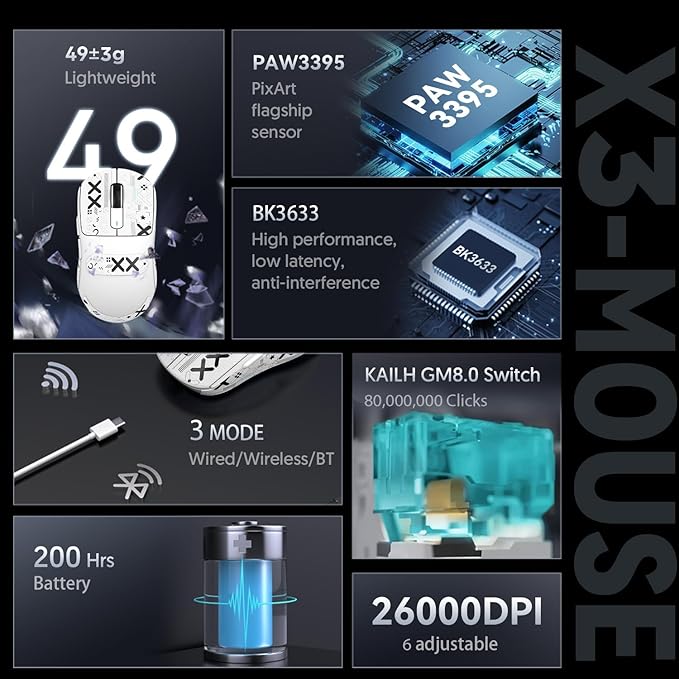 MAMBASNAKE Attack Shark X3 Wireless Gaming Mouse 49g Ultralight PixArt PAW3395 26000 DPI Bluetooth/2.4Ghz /Wired Tri-Mode 200Hrs Rechargeable Battery Kailh GM8.0 Switch for PC/MAC/Win Black&ampT