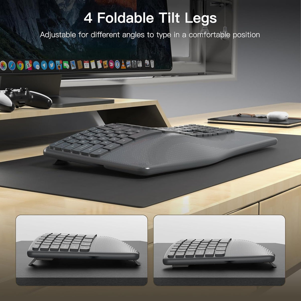 Ergonomic Wireless Keyboard with Wrist Rest, 2.4G Full Size Split Ergo Keyboard with Wave Keys, Comfortable Natural Typing for Windows Computer Desktop Laptop