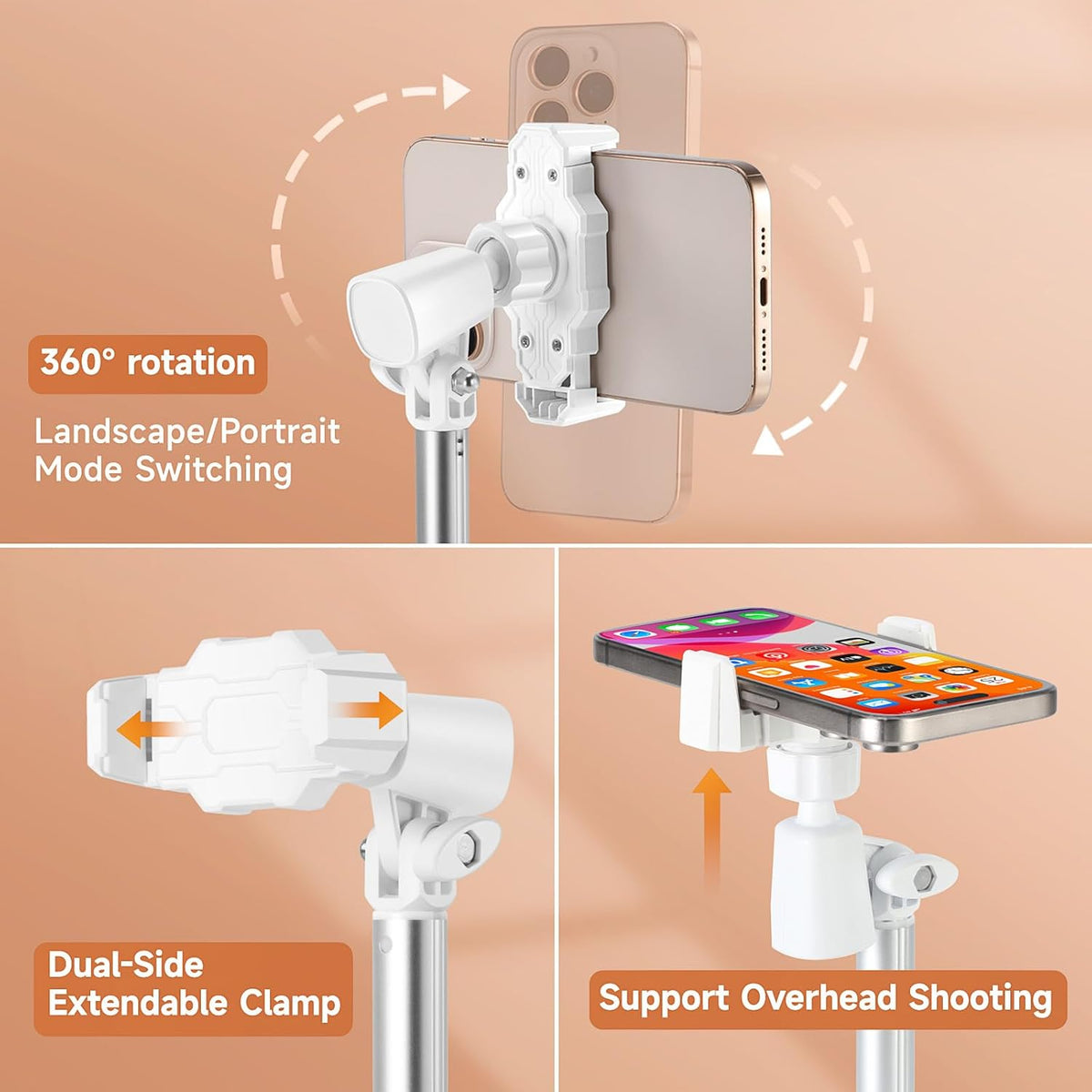 Adjustable Phone Stand for Desk with Clip Mount Live Streaming: 360° Rotatable Overhead Shot Holder with Sturdy Metal Base, Compatible with TikTok, YouTube, Zoom Video Recording (White)