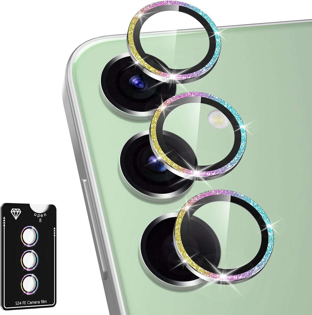 for Samsung Galaxy S24 FE Camera Lens Protector, Individual Metal Ring Tempered Glass Lens Cover, [Strong Adsorption] Scratch Resistant Ultra-Thin HD Clear Lens Cover, 1 Set-Colorful Sparkly