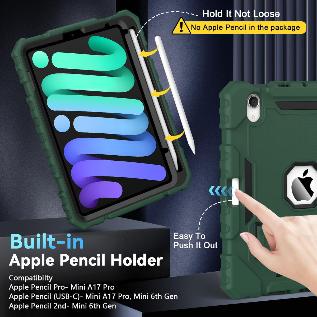 Grifobes Case for iPad Mini 7 (A17 Pro) 2024 / Mini 6 2021 8.3 inch, Heavy Duty Shockproof Rugged Cover with Pencil Holder Stand, for I Pad Mini 7th/6th Gen 8.3" Case for Kids Boys (Deep Green)