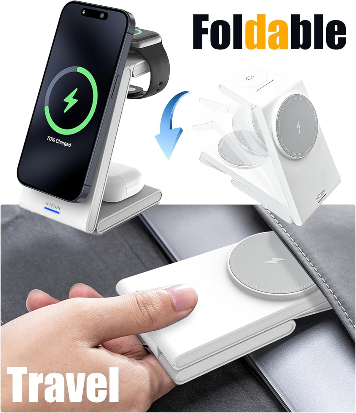 3 in 1 Wireless Charging Station, Magnetic Foldable Wireless Charger, Fast Travel Charger Stand for iPhone 16/15/14/13/12/Apple Watch/Airpods(20W PD Adapter Included)