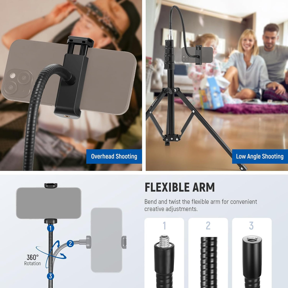NEEWER 71" Phone Tripod Stand with Reversible Legs Flexible Arm 360° Ball Head Phone Holder & Remote, Portable Photography Light Stand Compatible with iPhone 16 15 Pro Max for Video Recording, TS06