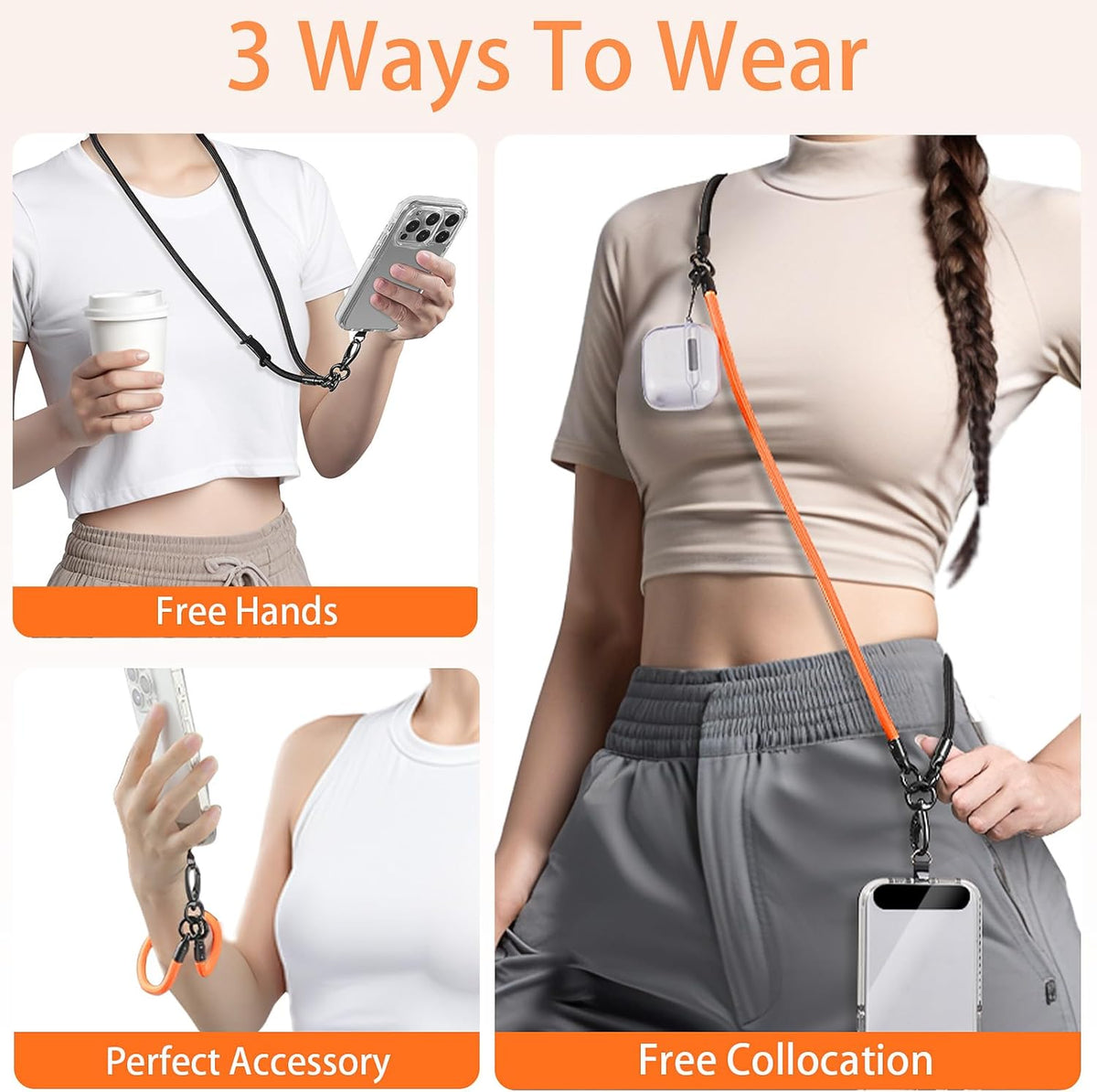 Cell Phone Lanyard, Crossbody Strap, Neck Holder & Wrist Lanyard 3-in-1 Anti-Theft Phone Strap, Detachable Universal Smartphone Straps with a Tap, Durable Hook-Orange Black
