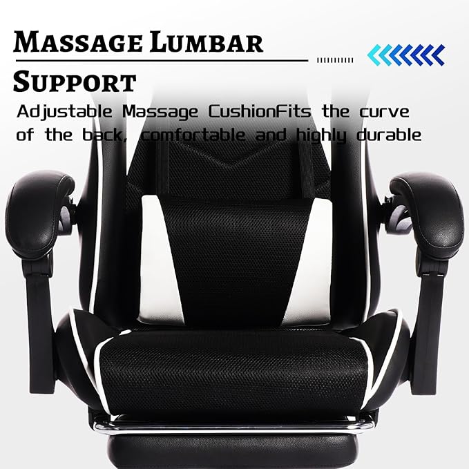Modern High Back Gaming Chair PU Leather Computer Chair with Wheels Footrest Massage Lumbar Support Height Adjustable Swivel Game Chairs for Work or Home Office (Black White)