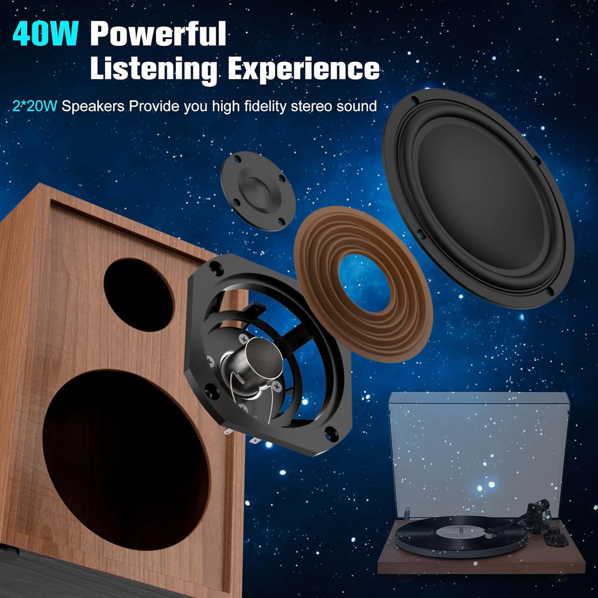 Record Player Turntable with 40W Speakers and Bluetooth Output Input for Vinyl Records,Vinyl Record Player with Built-in Preamp,AT-3600L Cartridge,USB Record,Pitch and Counterweight