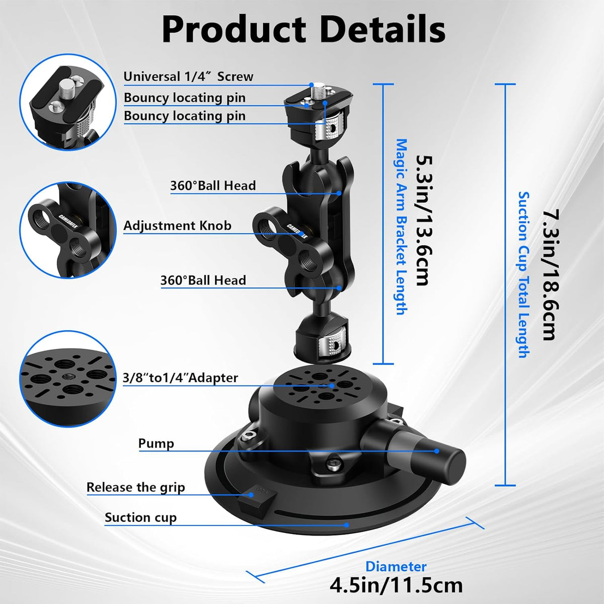 Camera Suction Cup Mount with Ball Head Magic Arm,4.5" Metal Vacuum Suction Cup Mount Car Windshield Dash Mount for Action Camera/Phone Holders with 1/4",1/8" Holes(Black)