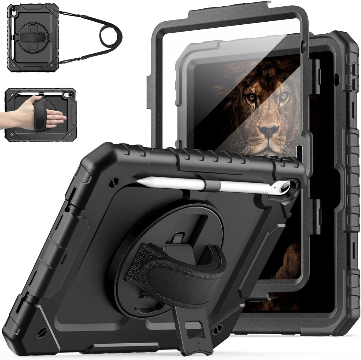 Cantis Case for iPad 11-inch (A16) 2025/ iPad 10th Generation 2022 (10.9 inch) with Screen Protector, iPad 11th Case with 360 Degree Rotating Stand/Shoulder Strap/Pencil Holder, Black