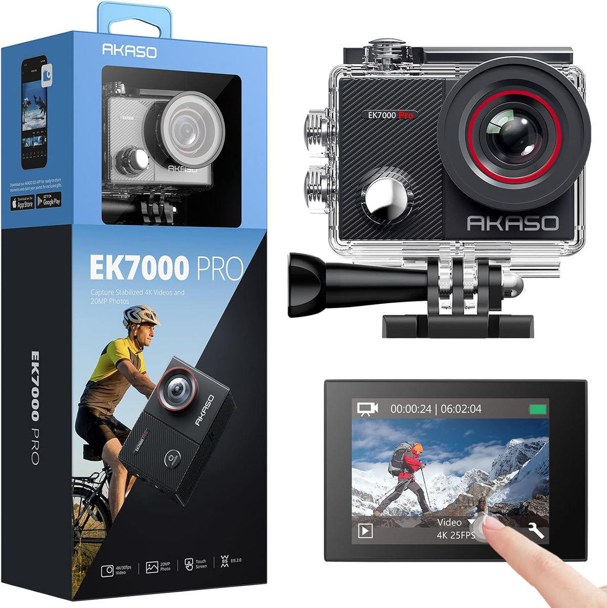 AKASO EK7000 Pro 4K30fps Action Camera with Touch Screen EIS 131ft Waterproof Underwater Camera Remote Control 5X Zoom with Helmet Accessories Kit (Standalone)