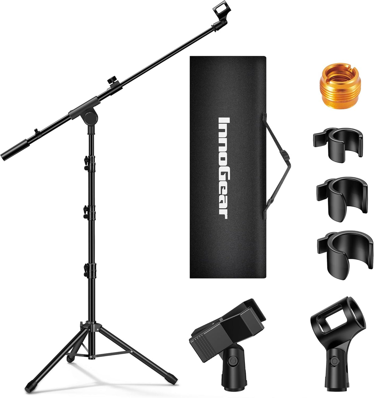 InnoGear Microphone Stand, Tripod Boom Arm Floor Mic Stand Height Adjustable Heavy Duty with Carrying Bag 2 Mic Clips 3/8" to 5/8" Adapter for Singing Podcast for Blue Yeti Shure SM58 SM48 Samson Q2U