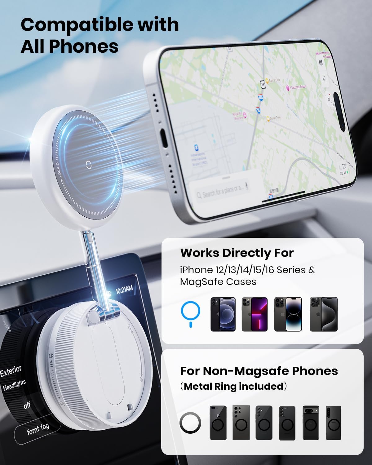 Upgraded 360° Vacuum Magnetic Car Phone Holder for Magsafe [96+LBS Strongest Suction & 2800gf Strongest Magnetic], Adjustable Car Phone Mount for Your Car/Gym/Mirror for iPhone & Android, White