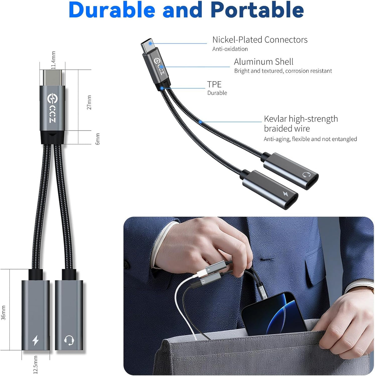 Dual USB C Audio Adapter and Charger Audio Adapter,2 in 1 Hi-Res 16bit/48kHz DAC Aux to USB C with 60W PD Fast Charging Dongle Cable for iPhone 16 Pro Max, Galaxy S25Ultra, iPad Pro(USB-USB, 3Pack)