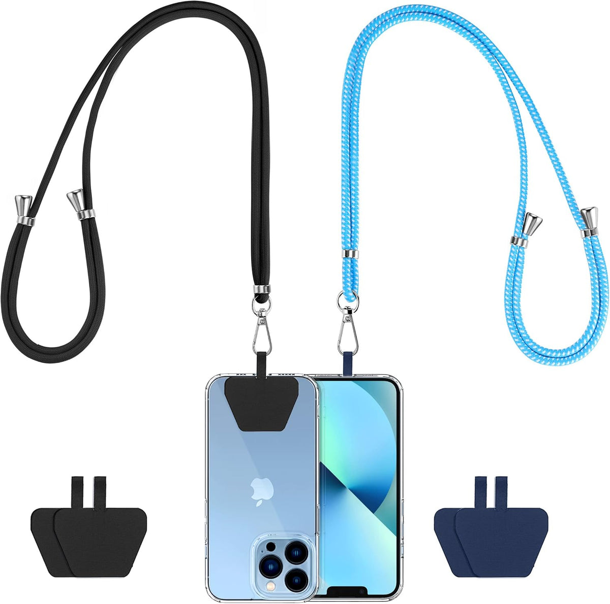 CACOE Phone Lanyard 2 PCS-2 PCS Adjustable Neck Strap,4 PCS Patches,Universal Crossbody Multifuctional Cell Phone Lanyards Compatible with Most Smartphones(Black+Bright Blue)