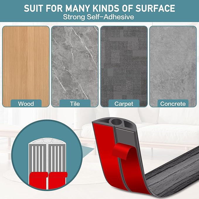 Floor Cord Cover Self Adhesive Cord Hider Floor Extension Cord Covers for Floor Power Cord Protector Cable Management Prevent Cable Trips Cable Cavity 0.32" W x 0.32" H (Deep Grey Wood, 3.3Ft)
