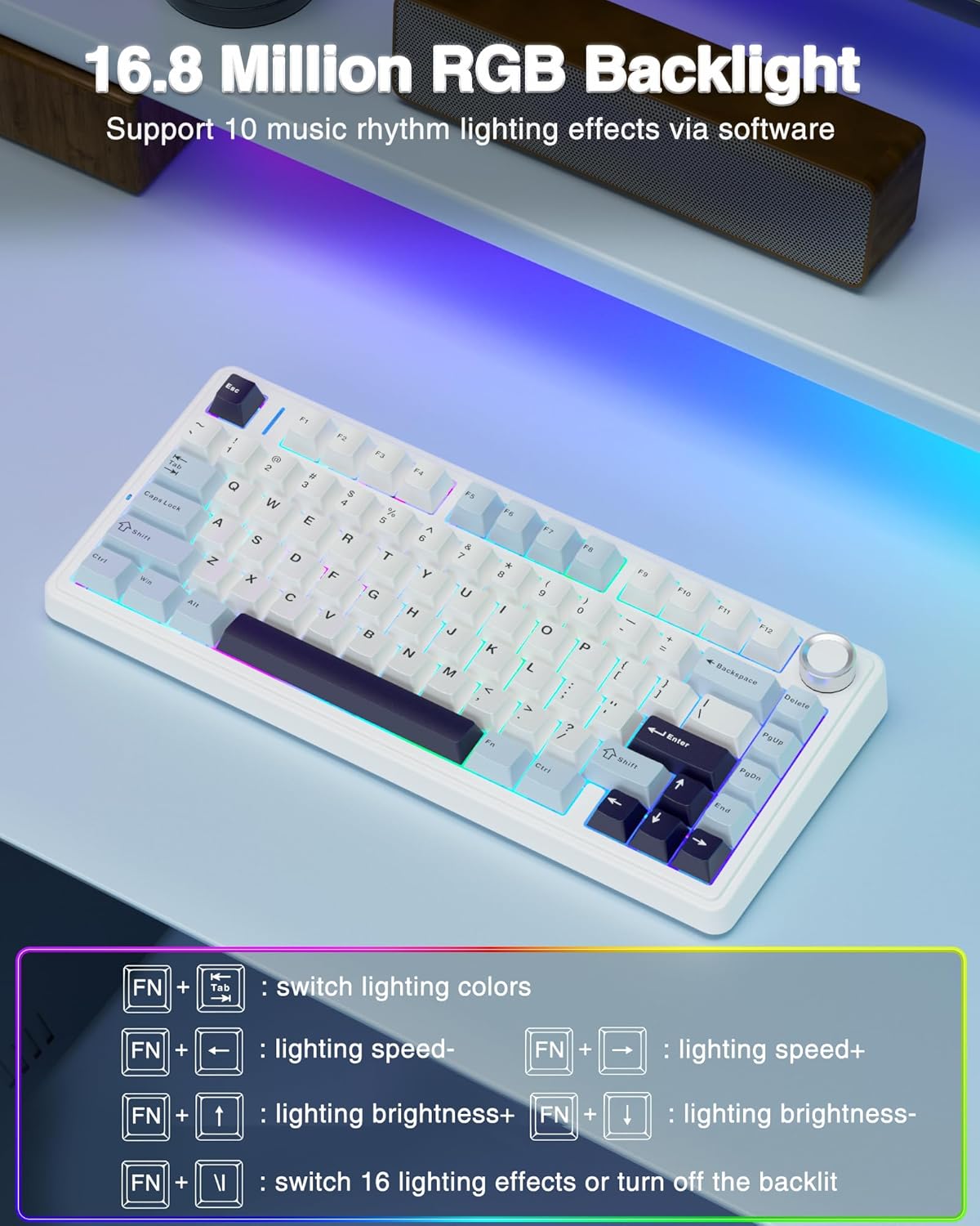 AULA F75 75% Wireless Mechanical Keyboard, Hot Swappable Creamy Keyboard, Pre-lubed Reaper Switches, 2.4GHz/Type-C/BT5.0, RGB Backlit Gaming Keyboards(White & Blue)