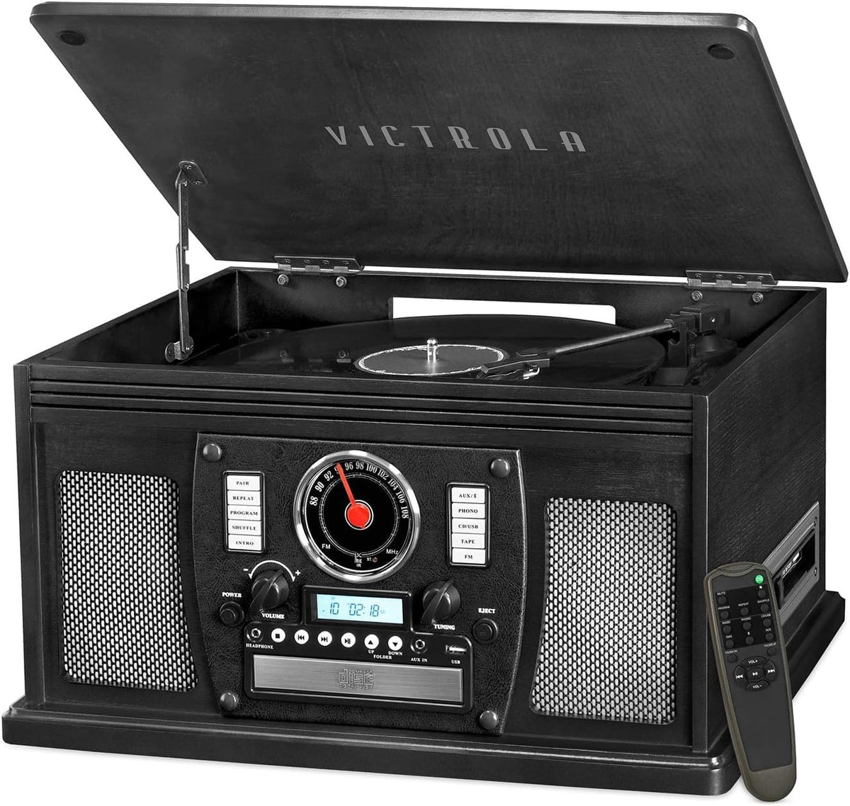 Victrola Navigator 8-in-1 Bluetooth Record Player with Built-in Speakers – 3 Speed Turntable, CD Player, Cassette, FM Radio, USB, RCA Out, Headphone Jack, Wireless Music Streaming, Real Wood (Black)