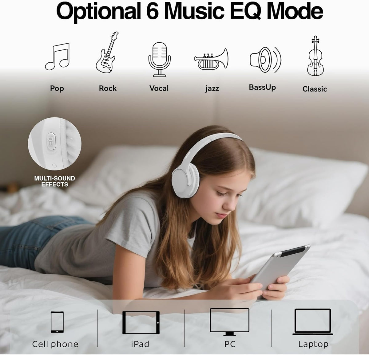 MIDOLA Bluetooth Headphones Over Ear 68H Playtime 6 EQ Wireless Headset with Microphone HiFi Stereo Foldable Lightweight Deep Bass for Travel Home Office Cellphone White