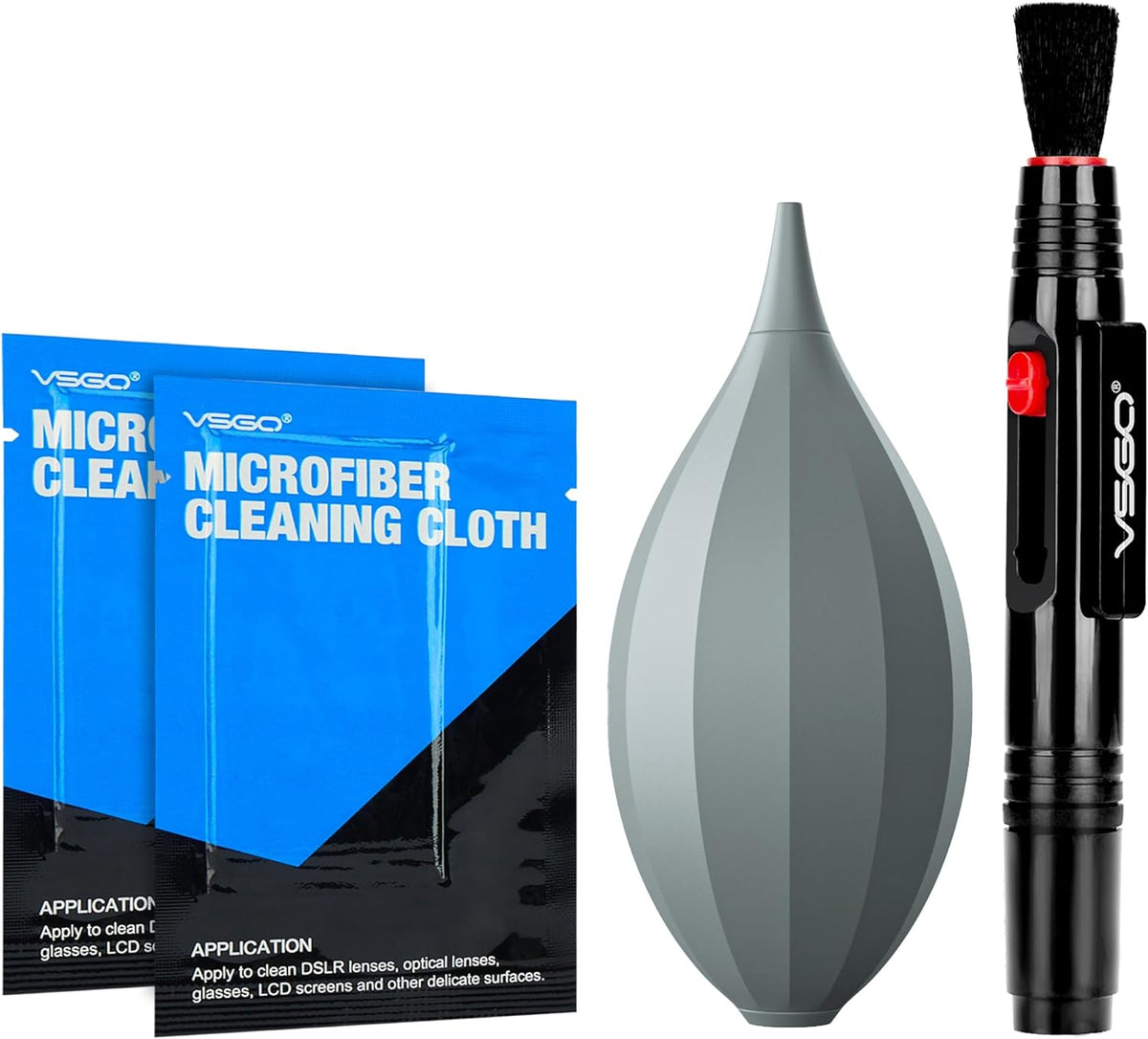 VSGO 4-in-1 Camera Cleaning Kit for Canon, Nikon, Sony DSLR Cameras, Air Blower, Lens Brush Pen, Microfiber Cloths (VS-A13E)