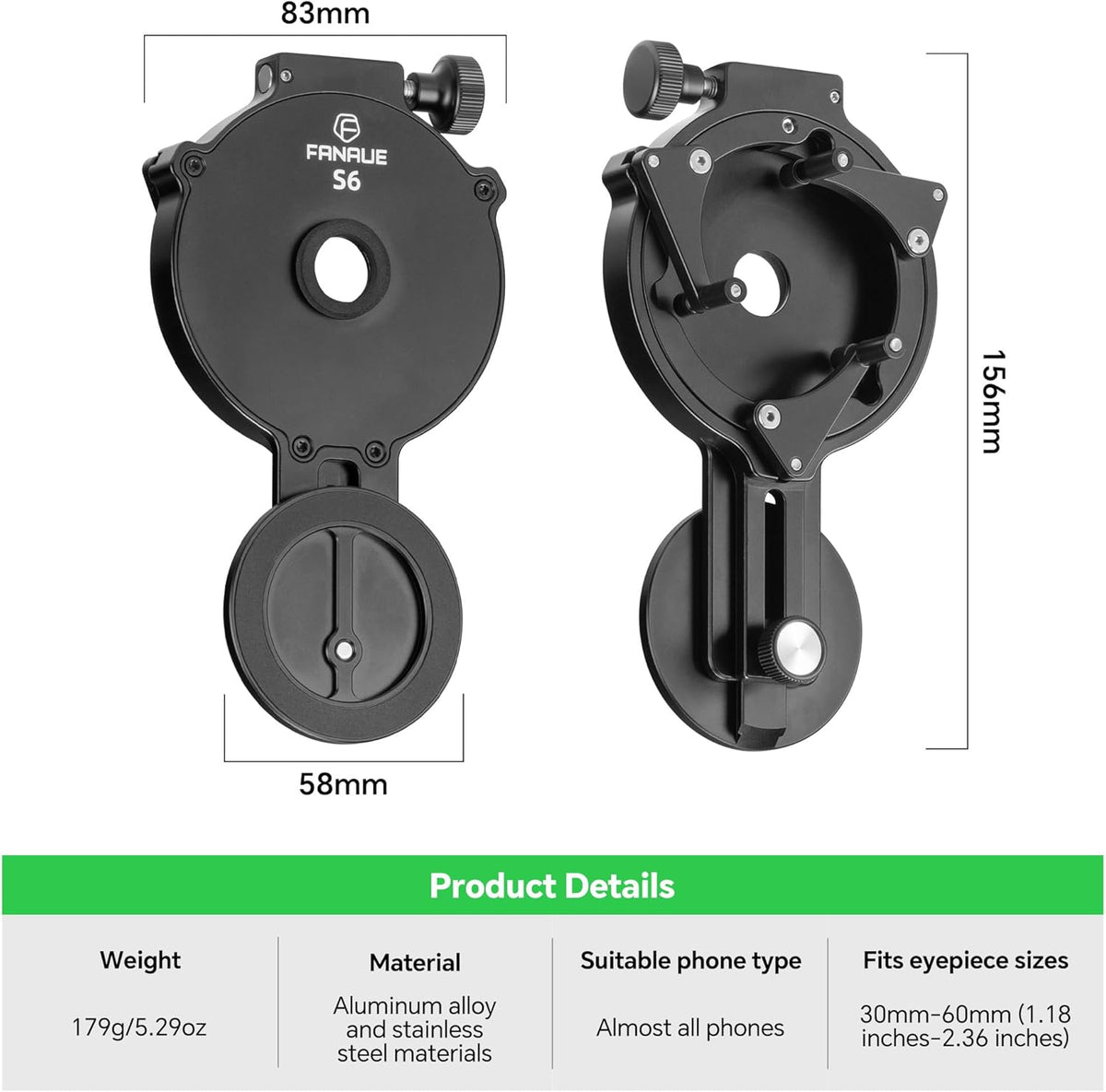 FANAUE Telescope Phone Adapter, Spotting Scope Smartphone Phone Mount for Binoculars Monocular Microscope, Magnetic