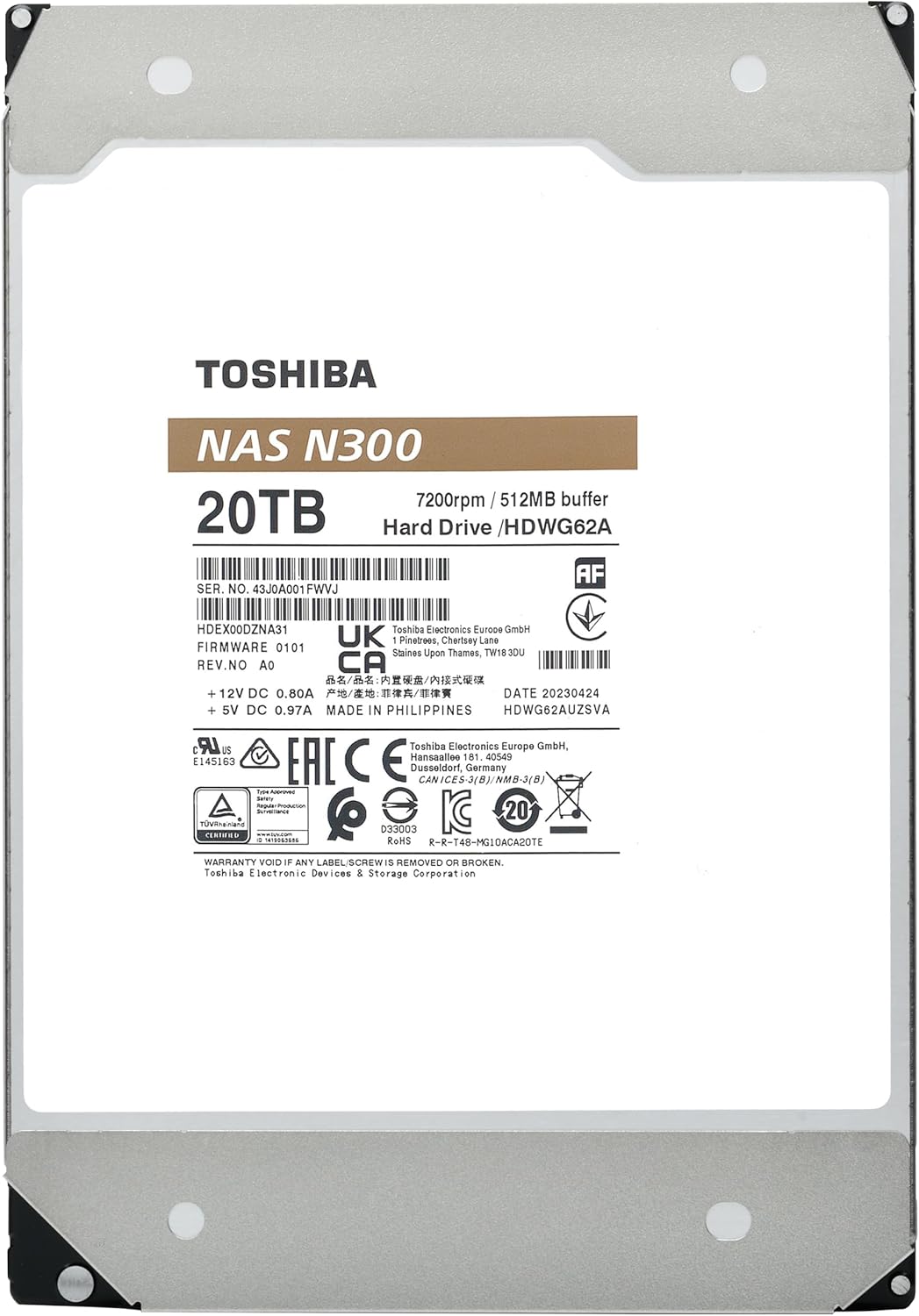Toshiba N300 20TB NAS 3.5-Inch Internal Hard Drive - CMR SATA 6 GB/s 7200 RPM 512 MB Cache - HDWG62AXZSTA