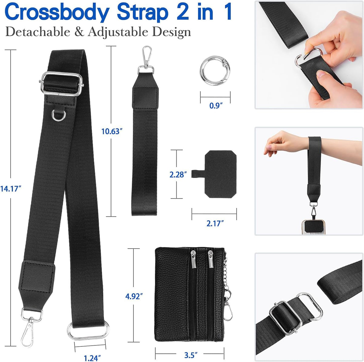 Save Girls Phone Strap with Wallet, 2 Pcs-Crossbody Phone Lanyard & Wrist Strap-2 Pads, Clip and Go Lanyard for Phones, Adjustable Neck Holder with Zipper Pouch for Women (Black)