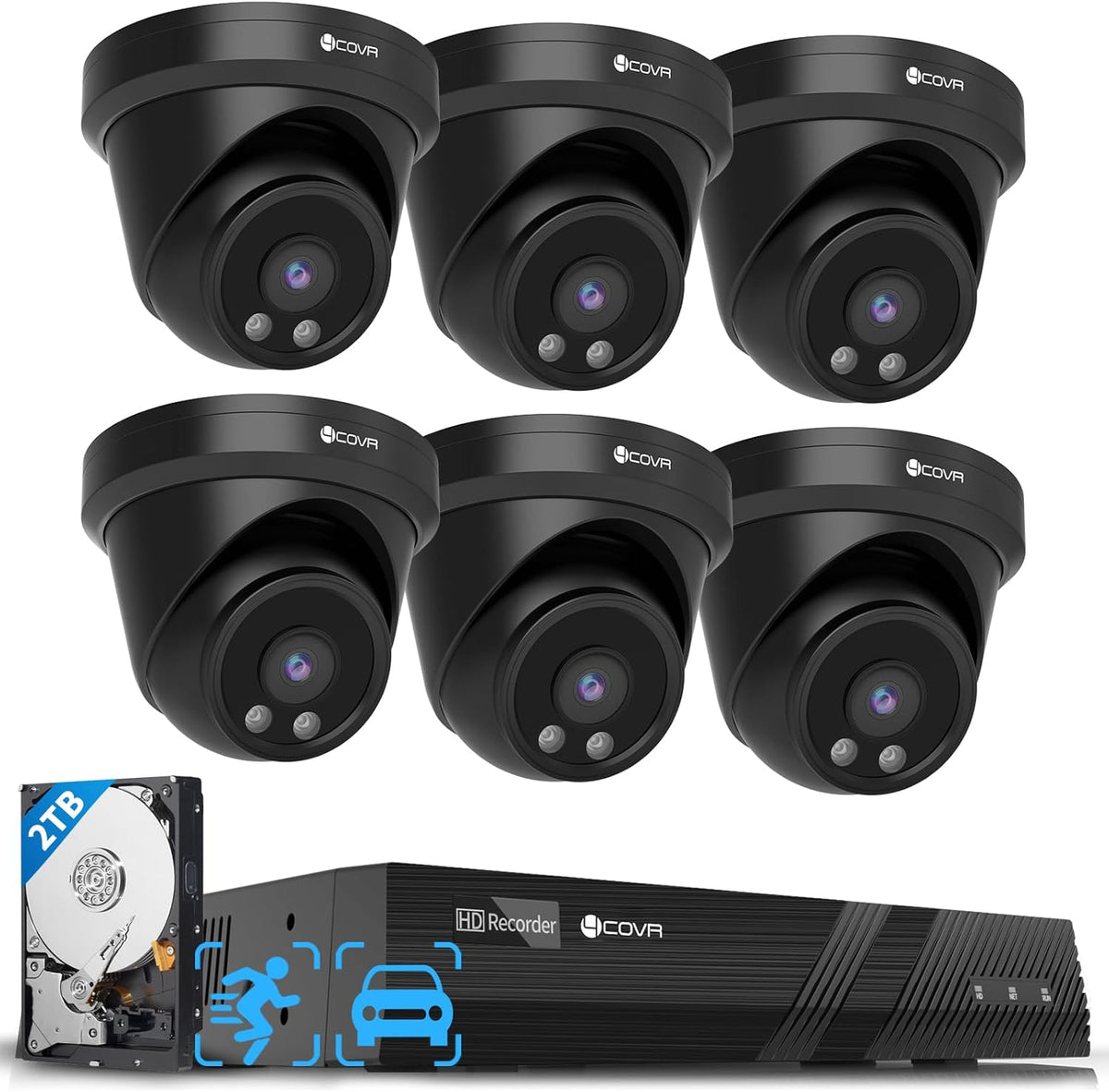 4COVR Security Camera Outdoor System, AI Human Vehicle Detection, 6Pcs 5MP Wired Commercial Dome PoE IP Camera IP67 Night Vision, 8CH 4K H.265 NVR 2TB HDD, 24/7 Home Surveillance, LY97AB5M0806