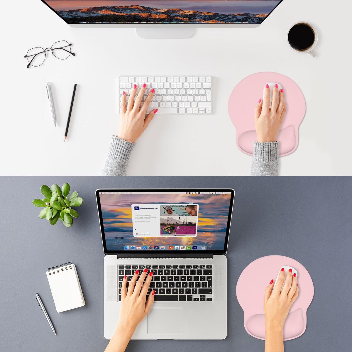 ITNRSIIET Ergonomic Mouse Pad with Wider Memory Foam Wrist Rest +17%, Curved Cushion Reduces Pressure 20%, Pain Relief, Non-Slip, Smooth, Cute Color Desk Accessory, 9.85 x 9 inch, Blush Pink