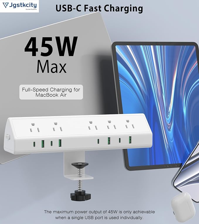 Jgstkcity Desk Clamp Power Strip USB C 45W,8 USB,20FT Cable,White