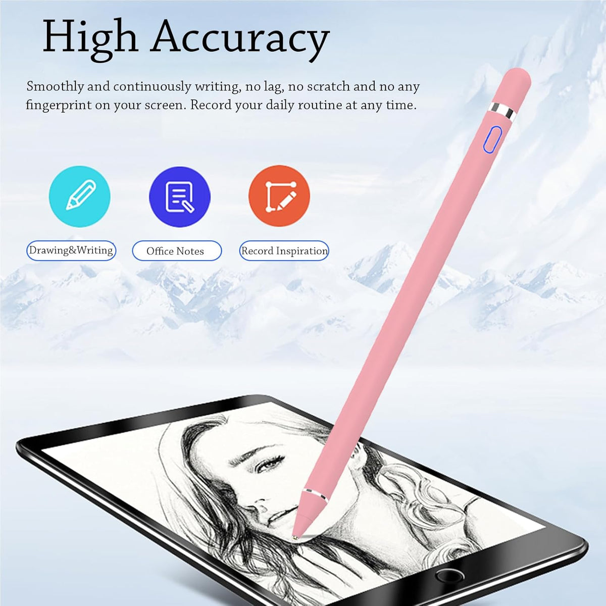 DOGAIN Active Stylus Pen for Touchscreen, iPad Pencil 1.5mm Fine Point Pen, Digital Pens Rechargeable for Tablet, Stylus Pens Compatible with iPad Air/Mini/Pro/Android/iPhone and Most Device - Pink