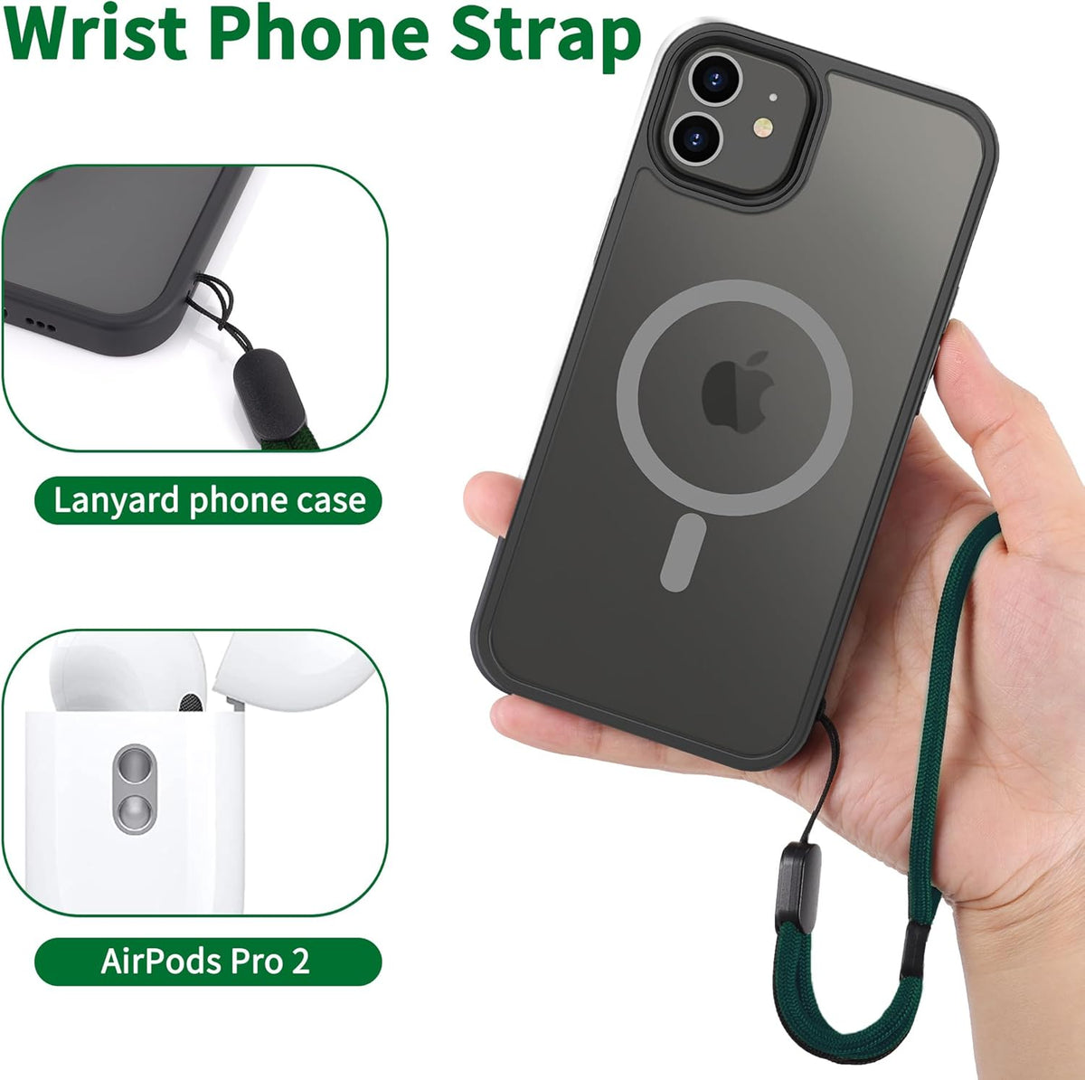 CACOE Phone Lanyard 2 Pack-1× Adjustable Neck Strap,1× Wrist Strap,2× Pads,Universal Crossbody Cell Phone Lanyards,Multifuctional Phone Lanyards Compatible with Most Smartphones(Dark Green)