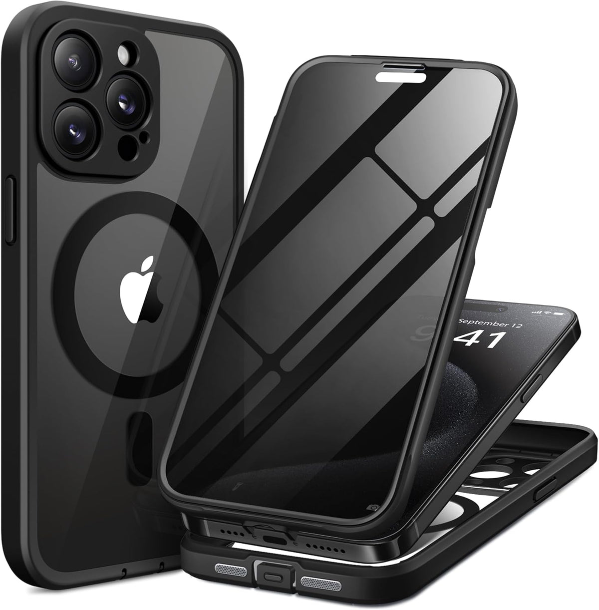 Magnetic for iPhone 15 Pro Case, Compatible with MagSafe, Built-in Privacy Screen Protector and Camera Protection, Anti Spy Full Body Dustproof Shockproof Hard Phone Case 6.1", Black