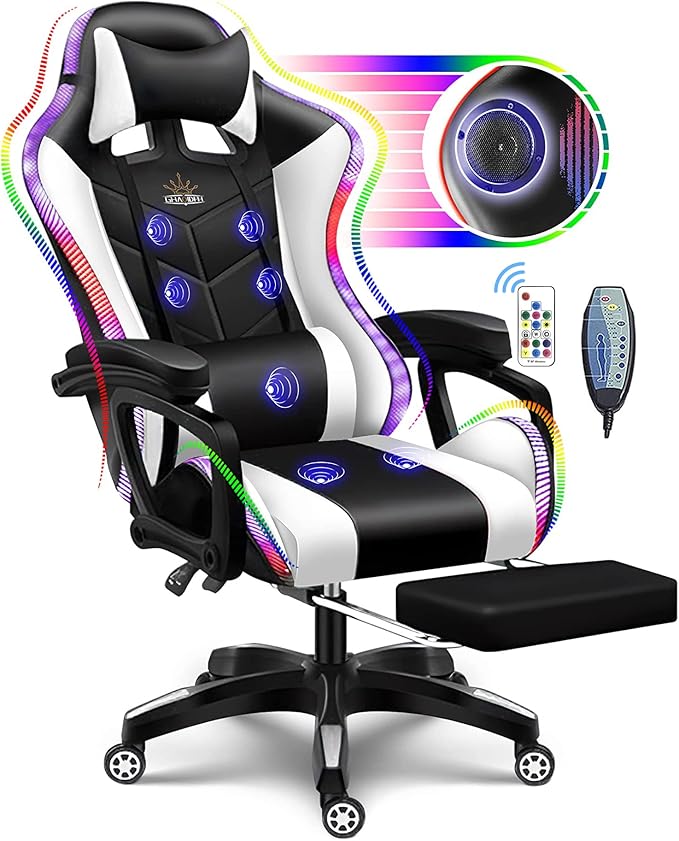 Gaming Chair with Bluetooth-Compatible Speakers and RGB LED LightsGamer Chair with Comfortable Cushion Lumbar Support Linkage ArmrestsErgonomic Massage Computer Chair for Gamer Kids Stu