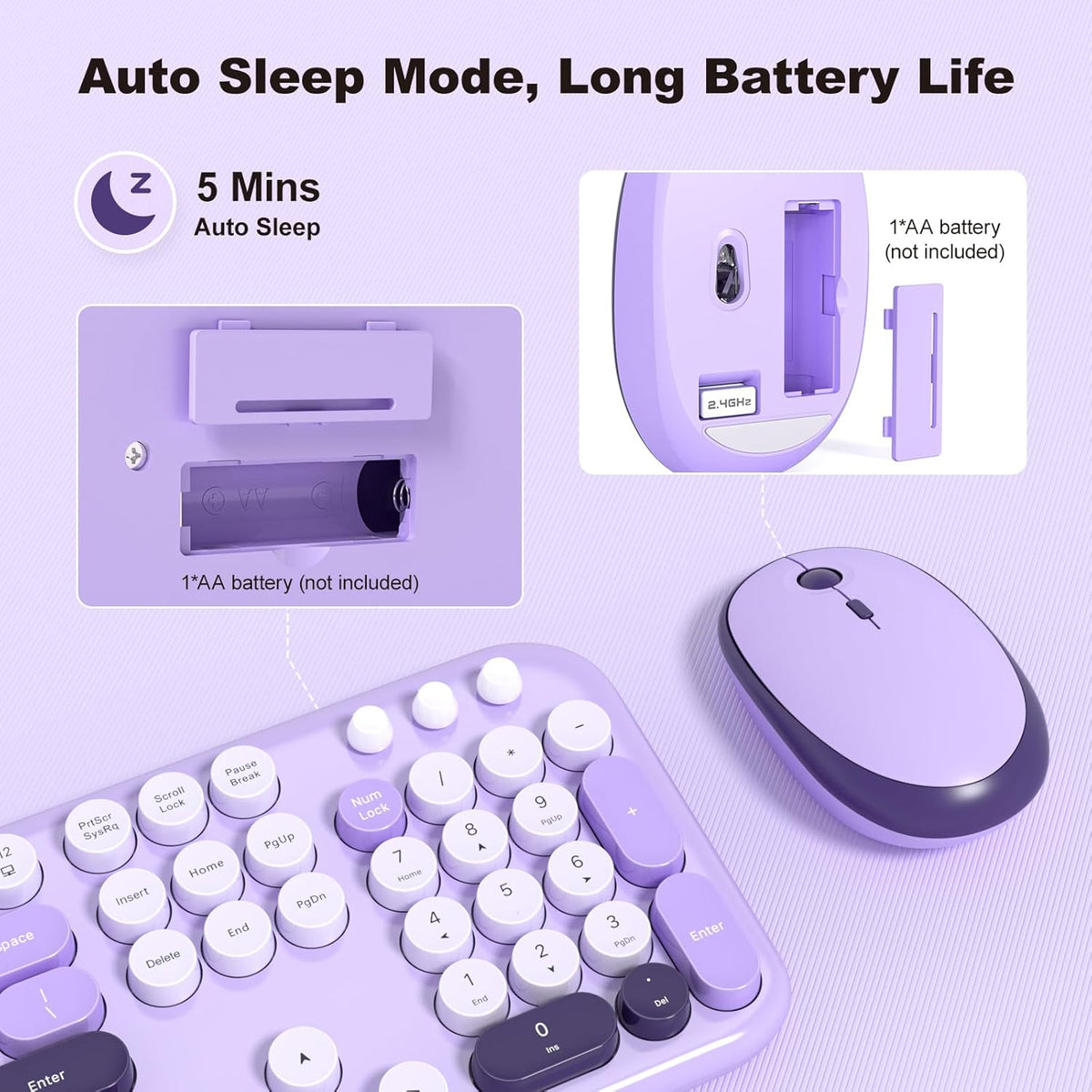 KNOWSQT Wireless Keyboard and Mouse Combo - Lovely Violet Rainbow Full-Sized Typewriter Colorful Keyboards, Round Keycap USB Plug Play Retro Cute Keyboards for Windows, Laptop, PC, Desktop, Computer