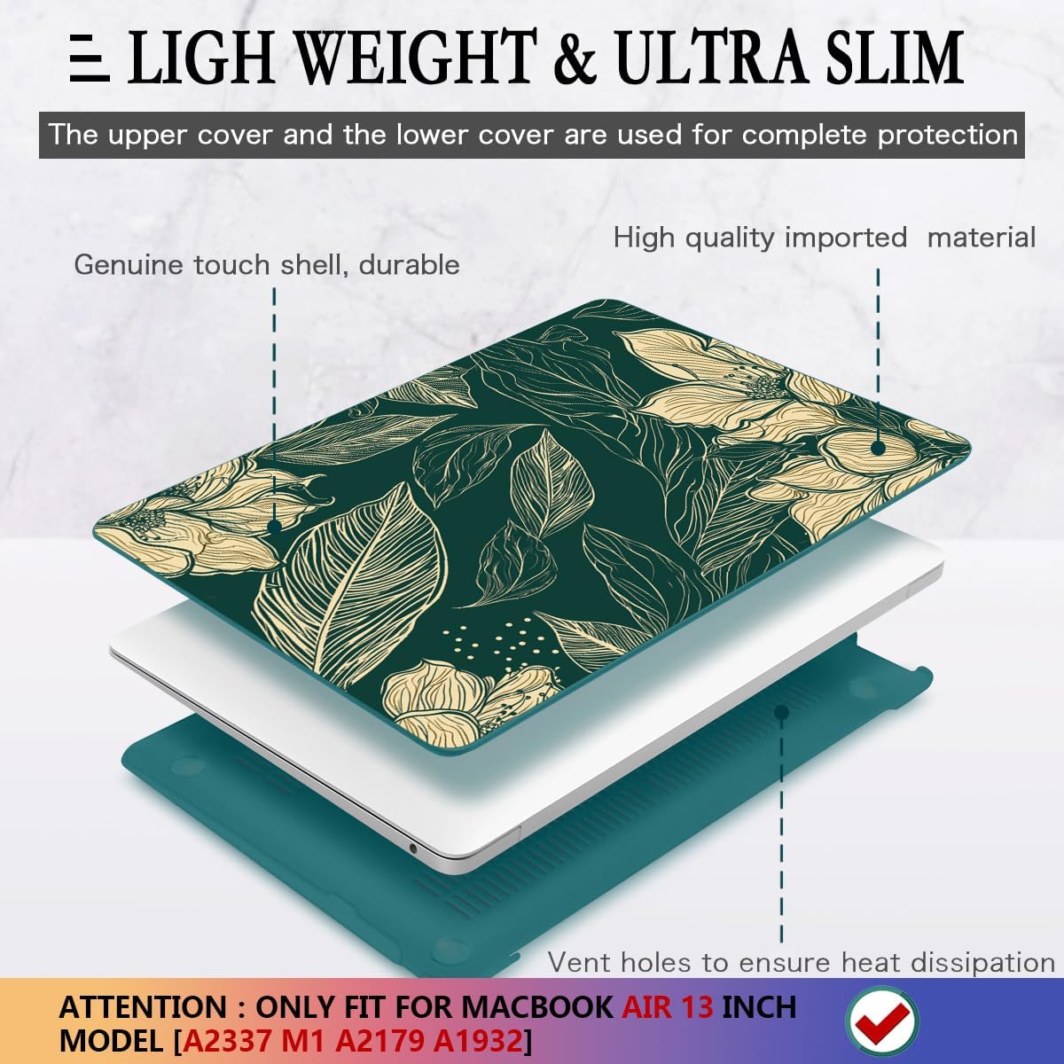 CISSOOK Compatible with MacBook Air 13 inch Case 2022 2021 2020-2018 Release M1 A2337 A2179 A1932 with Touch ID, Plastic Hard Shell Case & Keyboard Cover & Screen Protector, Elegant Floral