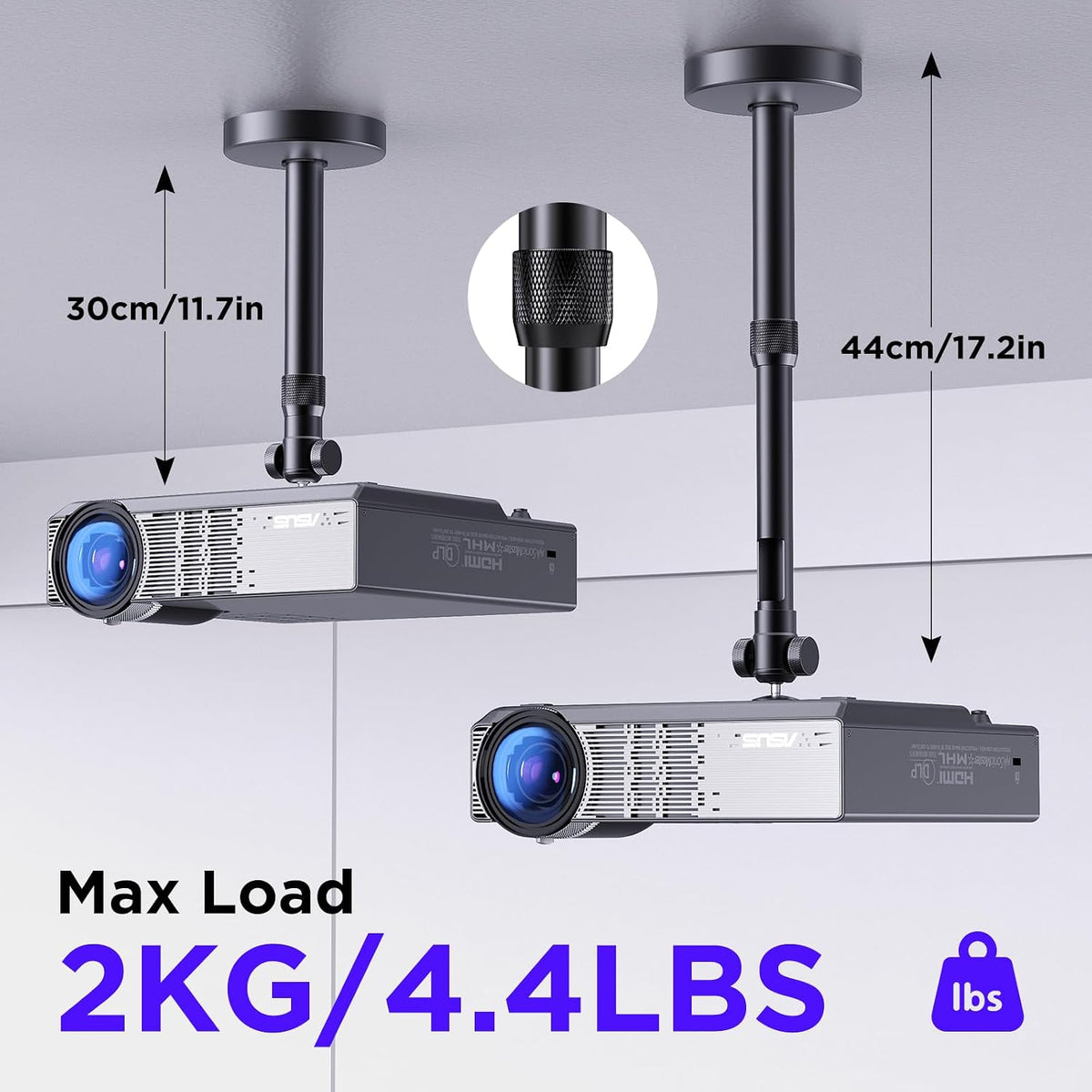 DAWASAPAT 360 90 9"-15" -Inch Ceiling Projector Mount Bracket Matte Black, Rotation & Tilt, Adjustable Length, Screw