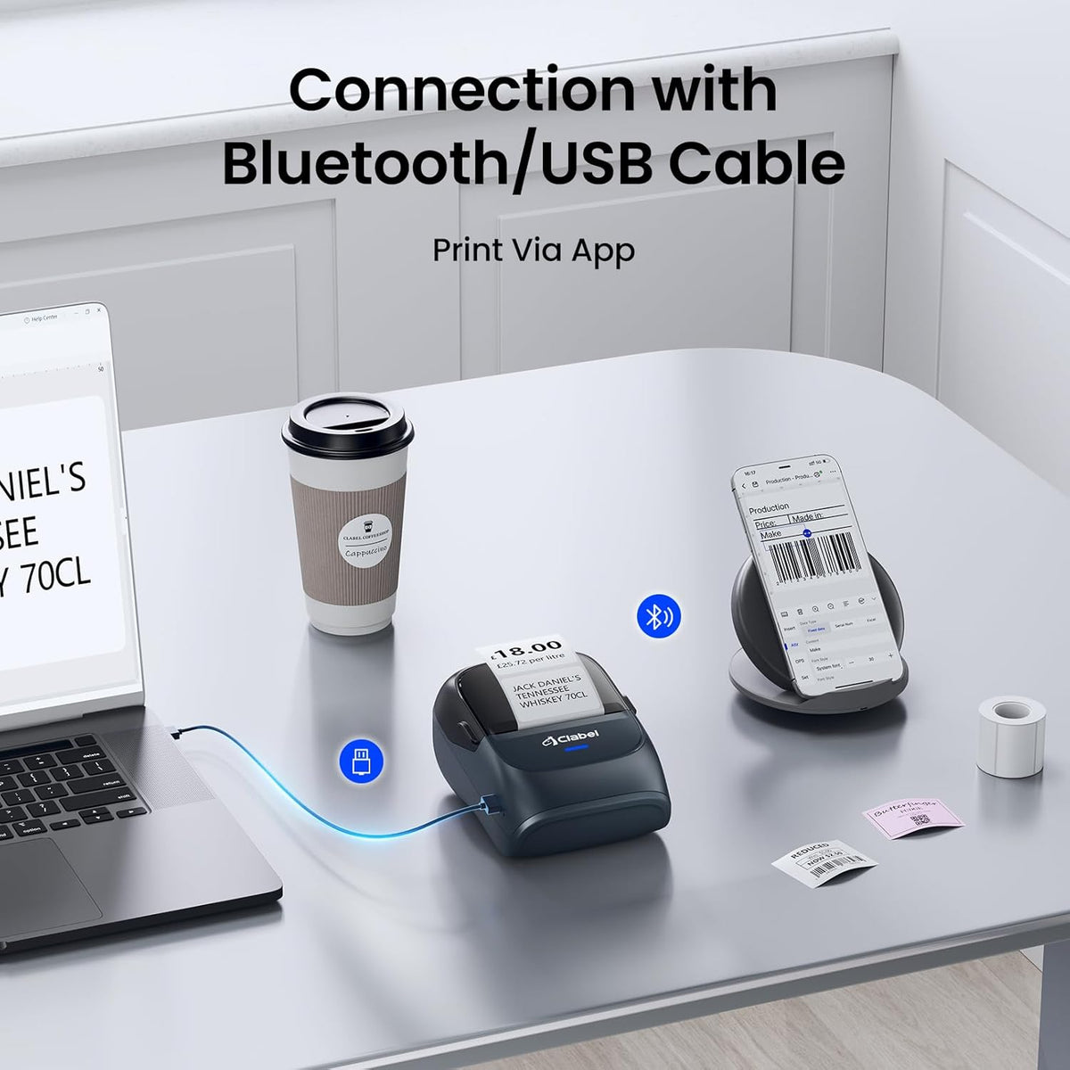CLABEL Thermal Label Maker Machine: 221B Bluetooth Label Maker Machine with Tape Mini Sticker Printer Barcode Printer Compatible with Smartphone with 1 Roll 40x30mm Label (Blue)