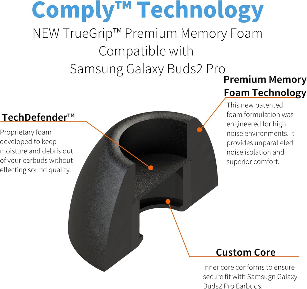 Comply TrueGrip | Premium Memory Foam Replacement Earbud Tips for Samsung Galaxy Buds2 Pro | Enhanced Comfort, Secure Fit, Superior Noise Isolation, Cleaning Tool | Black, Medium (3 Pairs)
