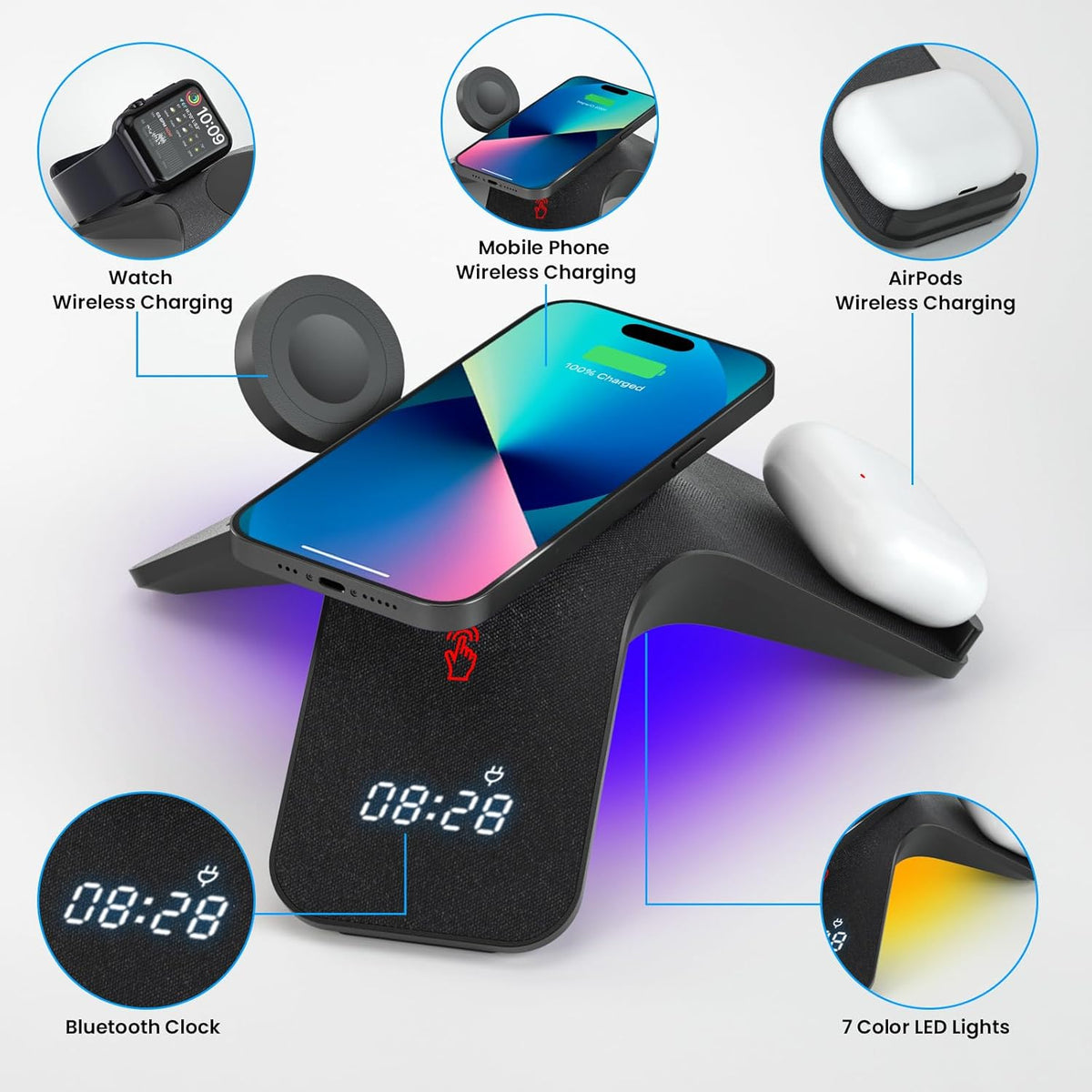 YLF 5-in-1 Wireless Charger station - Fast Charging Wireless Charging Stand with Adapter,Samsung Wireless Charger with 7-Color LED and Bluetooth Clock for iPhone 15/15 Pro/14/13/12,Apple Watch,AirPods