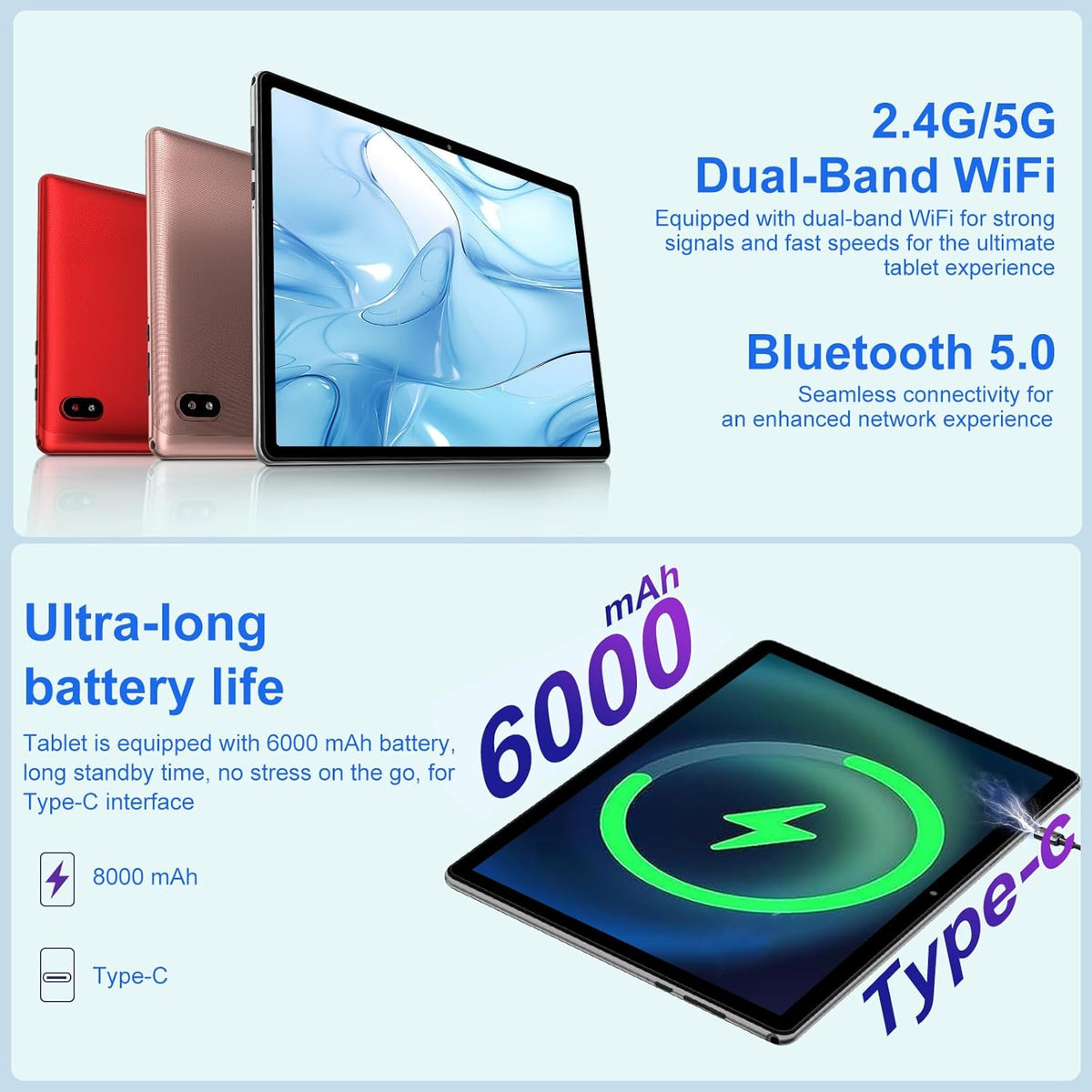 Android 14 Tablet 10 Inch Tablets, 20GB+128GB/1TB Expandable, Tablets with Octa-Core, WiFi 6, Dual Camera, BT 5.0, 6000mAh Battery, HD IPS Display, Widevine L1, Tablet with Keyboard Mouse - Sliver
