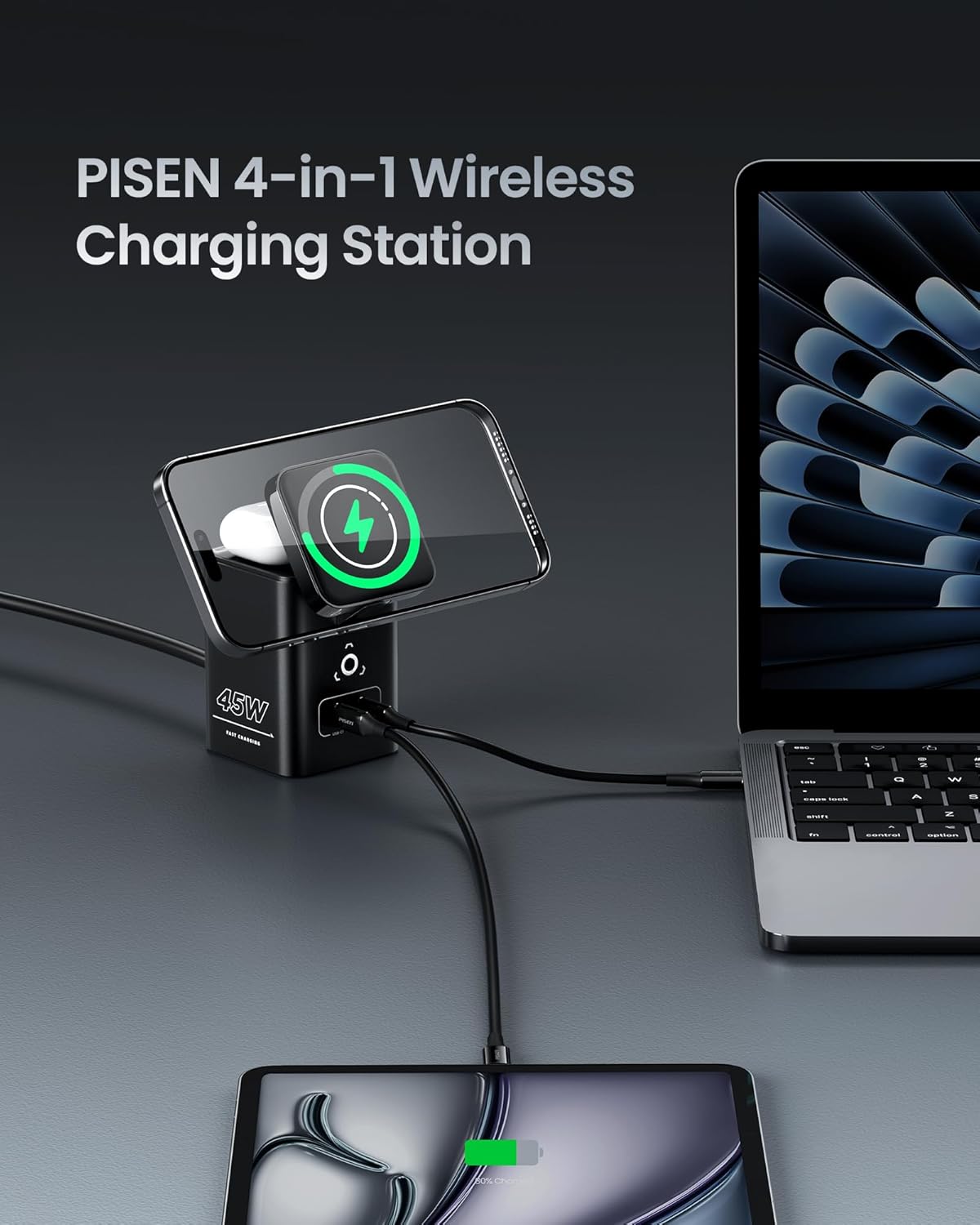 PISEN 4-in-1 Mag-Safe Wireless Charger - 45W GaN Charging Station for Multiple Devices, Qi Certified Mag-Safe Stand Magnetic Wireless Charger Fast Charging for iPhone 16/15/14/13/12, Samsung, AirPods