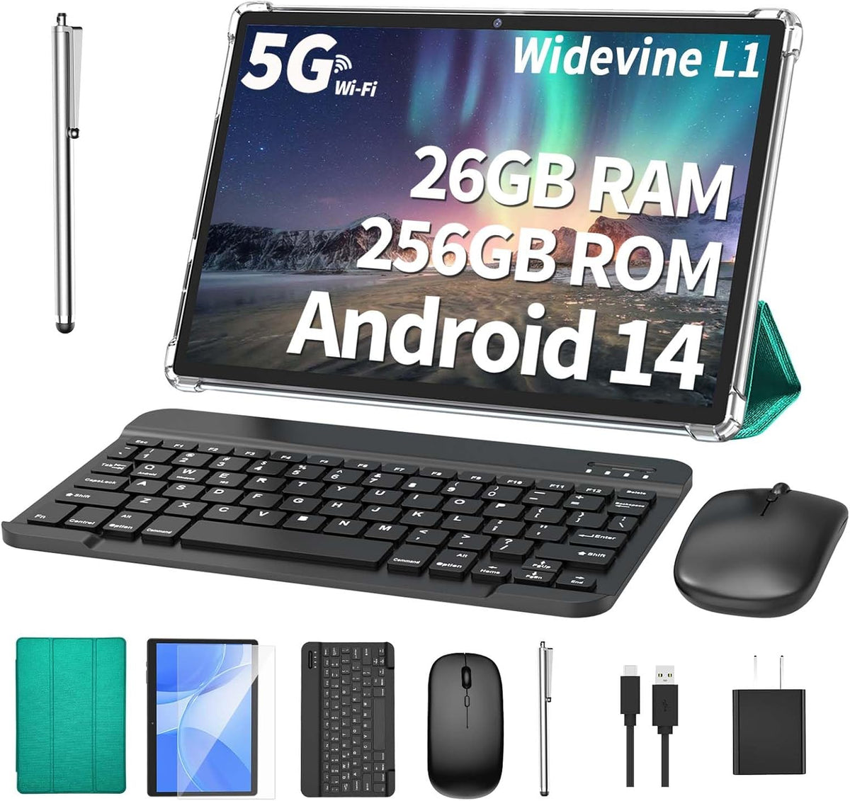 Android Tablet with Keyboard, 26GB RAM, 256GB ROM(1TB Expand), 10.1 inch Android 14 Tablet, 8000mAh Battery, BT 5.0, GMS Certified, 2.4G&5G WiFi, 2 in 1 Tablets with Mouse, Case, Stylus(Green)