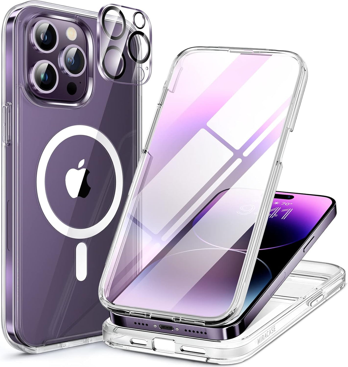 Miracase Magnetic for iPhone 14 Pro Max Case 6.7 inch, (Compatible with MagSafe) Upgrade Full-Body Clear Phone Bumper Case with Built-in 9H Tempered Glass Screen Protector, Magnetic Clear