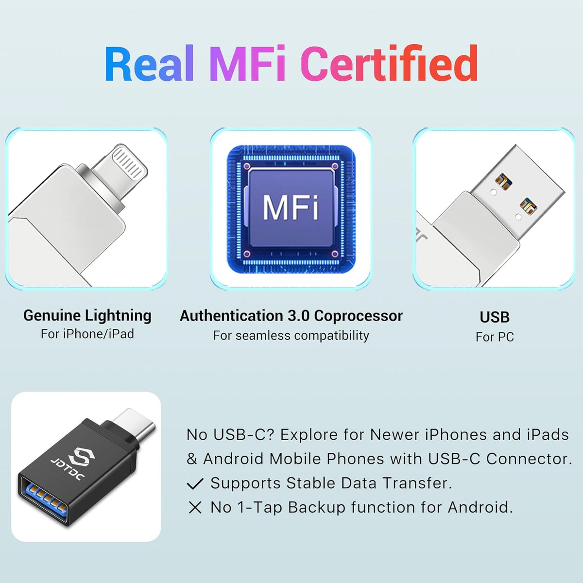 Genuine Apple MFi Certified iPhone-USB-Flash-Drive 256GB Real Capacity Genuine Lightning encrypted Backup-Photo-Stick-for-iPhone iPad Android PC Mac External-Storage Photos/Videos Thumb-Drive Pendrive