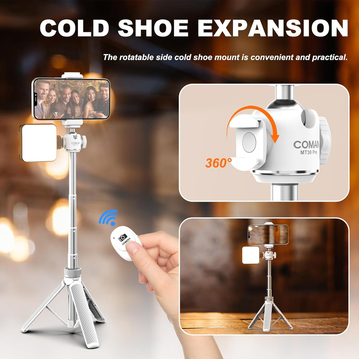 COMAN MT30-Pro Extendable Phone Tripod, 61cm Cell Phone Tripod Stand for iPhone with 360° Ball Head, Selfie Stick Vlog Stand with Remote, Tripod for iPhone 16/15/14/13/12 Pro Max/Android