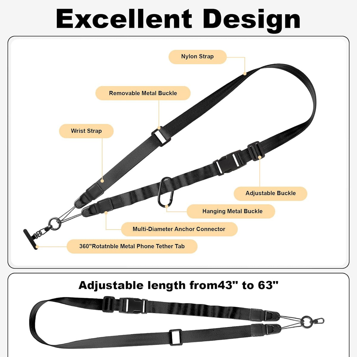 Adjustable Crossbody Phone Lanyard, Universal Phone Wrist Strap and Phone Neck Strap with Tether Tab, Phone Lanyard with Quick Release, Suitable for iPhone and Most Smartphones, Black